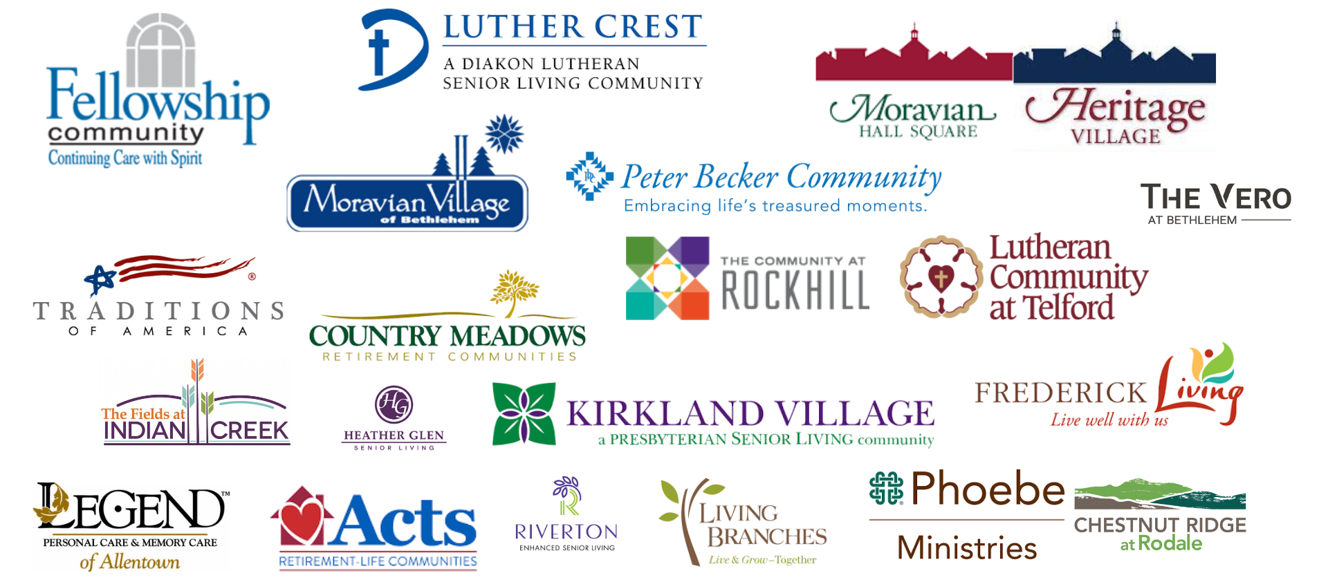 Logo collage of 21 different senior communities in eastern PA